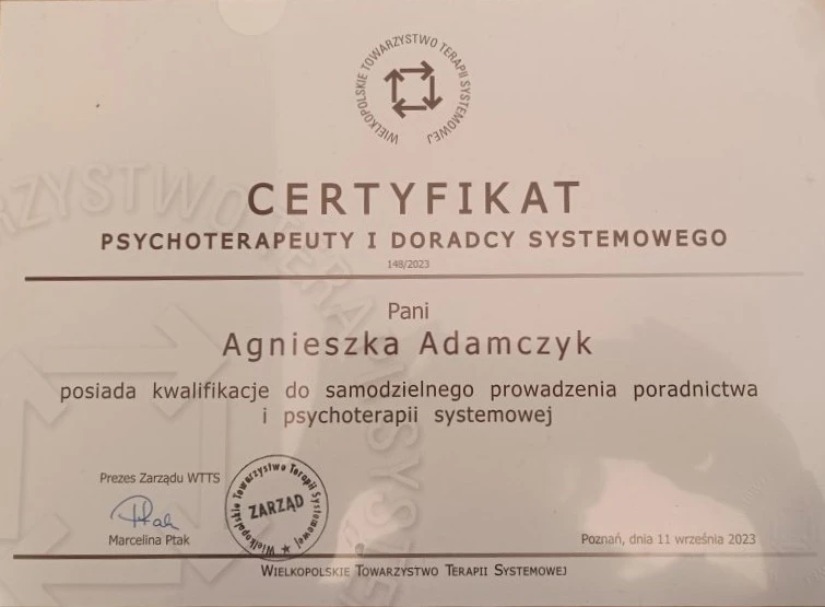Certyfikat Psychoterapeuty i Doradcy Systemowego